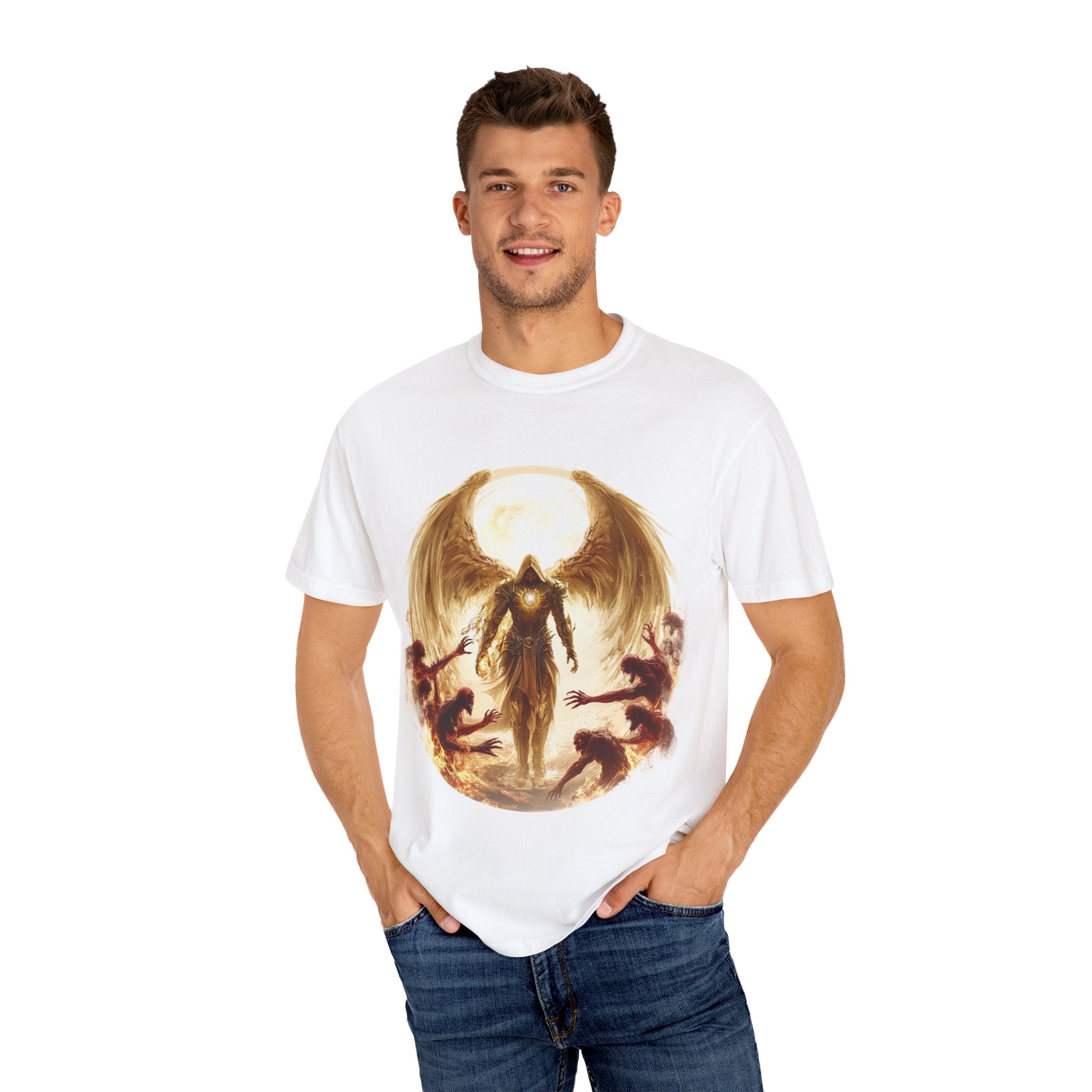 Unisex Garment-Dyed T-Shirt with Angelic Design |